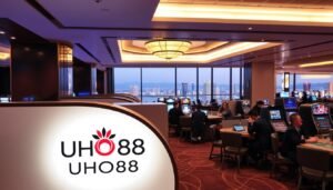 A sleek, modern casino interior with a warm, inviting atmosphere. The foreground features a stylized "UHO88" logo emblazoned on a wall, surrounded by elegant lighting fixtures and plush seating. In the middle ground, smartly-dressed patrons enjoy various casino games, their expressions conveying a sense of excitement and security. The background showcases a panoramic view of a vibrant cityscape, emphasizing the urban, cosmopolitan setting. The overall composition radiates a harmony between thrilling entertainment and robust safety measures, capturing the essence of a premium gaming experience.