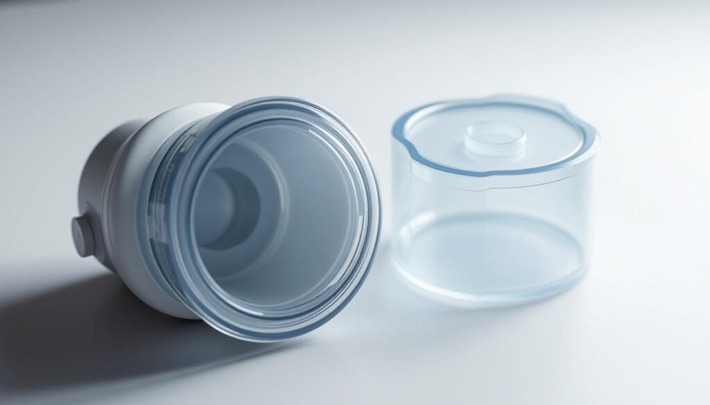 A clean, well-lit close-up shot of an iCareCPAP humidifier chamber and water tank, showcasing their modular design and ease of replacement. The components are arranged neatly on a sleek, minimalist surface, allowing the viewer to clearly see their function and form. Soft, diffused lighting highlights the translucent materials and smooth contours, creating a sense of clinical precision and attention to detail. The overall composition emphasizes the simplicity and practicality of these essential respiratory machine accessories, conveying the message of hassle-free maintenance and user-friendly operation.