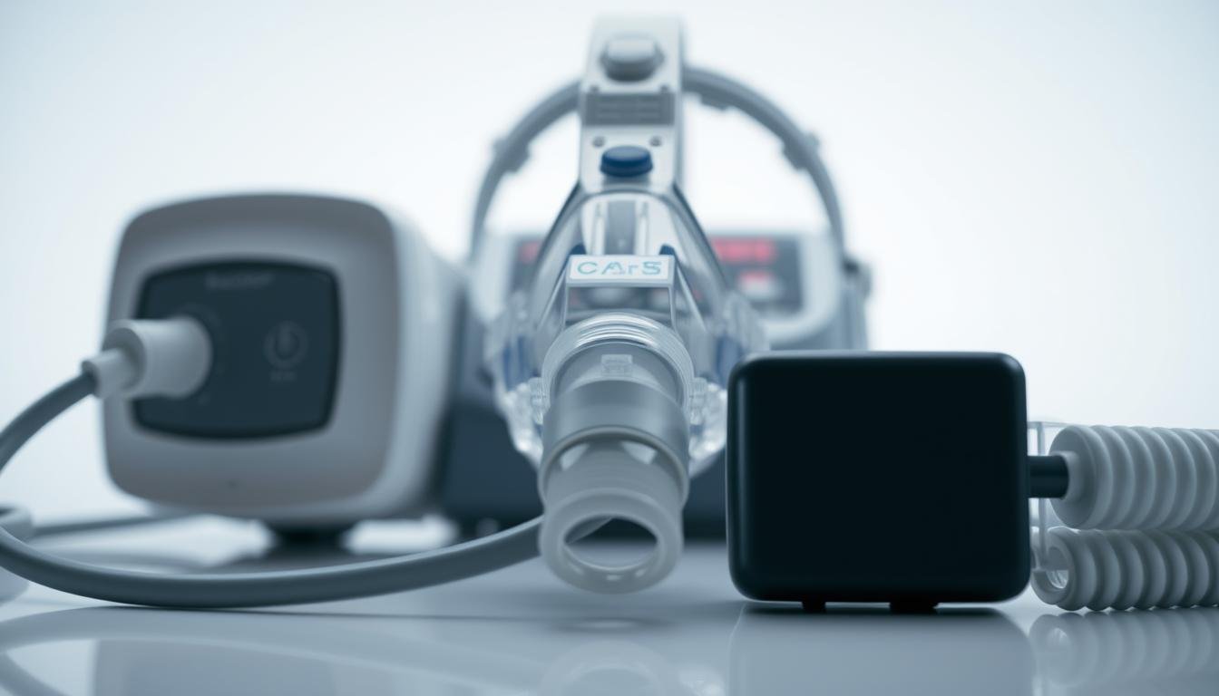 A close-up view of the essential components of an iCareCPAP sleep apnea machine. Showcased are the CPAP mask, hose, and power adapter, all rendered in a clean, high-quality manner. The image emphasizes the importance of regularly maintaining and replacing these critical accessories to ensure optimal performance and patient comfort. The lighting is soft and diffused, creating a calming, clinical atmosphere. The camera angle provides a detailed, eye-level perspective, allowing the viewer to appreciate the intricate details of each part. The overall composition is well-balanced, with a minimalist background that keeps the focus on the medical device and its accessories.