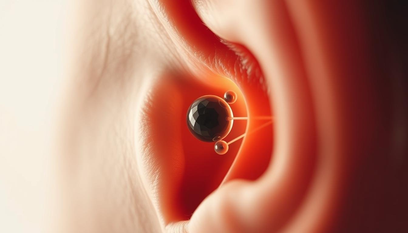 A detailed, close-up view of a person's inner ear, with the otoconia (ear stones) clearly visible and in the process of repositioning back into their correct position within the vestibular system. The image should have a clinical, medical aesthetic, with soft, natural lighting illuminating the intricate structures of the inner ear. The background should be a neutral, off-white color, allowing the subject to be the primary focus. The overall tone should convey a sense of precision, understanding, and the successful resolution of the ear stone displacement condition.