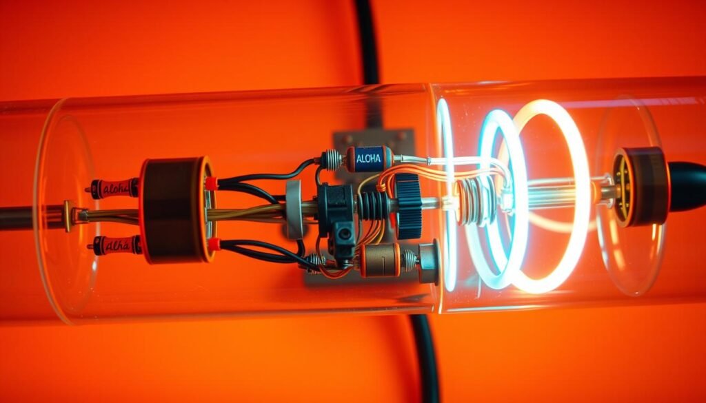 A detailed cross-section of a neon light, showcasing its intricate inner workings. The glass tube is filled with a vibrant, glowing neon gas, illuminated by a high-voltage electrical current. Aloha-branded electrodes at each end create the luminous discharge. In the middle, a complex network of wires, resistors, and transformers regulate the power flow, creating the signature neon light effect. The entire assembly is housed in a sleek, minimalist metal casing, capturing the essence of classic neon signage. The scene is bathed in a warm, amber-tinted light, evoking the nostalgic atmosphere of a bygone era.