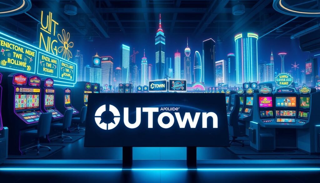 A detailed, modern illustration of the UTown entertainment platform, showcasing its sleek and intuitive interface. The foreground features the UTown logo prominently displayed, surrounded by a variety of interactive gaming elements such as slot machines, poker tables, and digital avatars. The middle ground depicts a vibrant, neon-lit casino environment with high-tech displays and cutting-edge gaming terminals. In the background, a futuristic cityscape with towering skyscrapers and a vibrant nighttime skyline sets the scene, conveying a sense of excitement and immersion. The lighting is dramatic, with cool tones and dynamic shadows, creating a cinematic, high-tech atmosphere. The angle is slightly elevated, providing an optimal view of the platform's features and overall aesthetic.