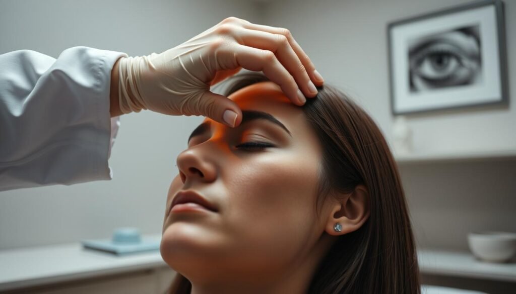 A detailed scene of an otolith repositioning procedure, captured in a clinical yet calming atmosphere. In the foreground, a physician's hand gently manipulates the patient's head, guiding the displaced otolith back into its proper position within the inner ear. The middle ground reveals the patient's face, eyes closed in focused concentration, as they undergo this specialized treatment. The background subtly depicts the professional medical environment, with minimalist decor and soothing lighting creating a sense of reassurance. The overall mood conveys the expertise and care inherent in this integrated Eastern and Western medical approach to resolving the issue of benign paroxysmal positional vertigo.