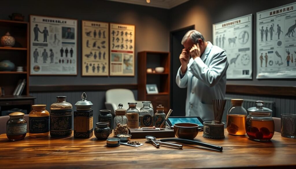 A dimly lit examination room with a wooden table in the foreground. On the table, an array of traditional Chinese medicine jars and instruments juxtaposed with modern medical equipment like a stethoscope and a tablet. In the background, a fusion of Eastern and Western medical charts and diagrams hang on the walls, illuminated by a warm, soft light. The scene conveys a sense of integration, as a physician in a white coat examines a patient's ear, exploring the connection between Eastern and Western approaches to treating vertigo and balance disorders.