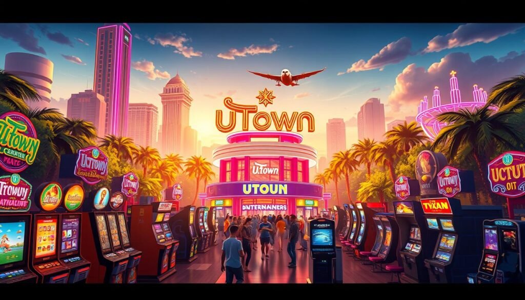 A highly detailed, photorealistic illustration of an amusement park with various gaming attractions at UTown Entertainment City. The foreground features a variety of arcade cabinets, slot machines, and virtual reality stations arranged in an appealing, eye-catching layout. The middle ground showcases a large neon-lit signage displaying the UTown logo, with a bustling crowd of patrons interacting with the games. The background depicts a vibrant, immersive environment with towering buildings, lush greenery, and a warm, inviting atmosphere enhanced by soft lighting and a golden hour color palette. The overall scene conveys a sense of excitement, leisure, and the diverse gaming experiences available at UTown Entertainment City.