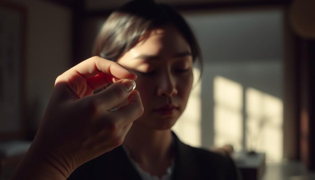 A peaceful, dimly-lit scene of a person performing a traditional therapeutic procedure for ear crystals (otoliths) restoration. In the foreground, gentle hands carefully guide a small tool to reposition displaced ear crystals within the inner ear. The middle ground shows the subject's face in serene focus, with natural lighting casting soft shadows. The background depicts a soothing, blurred environment suggesting a calming, meditative setting, such as a traditional healing room or spa-like sanctuary. The overall atmosphere conveys a sense of care, tranquility, and restorative wellness associated with this ancient Chinese medical practice.