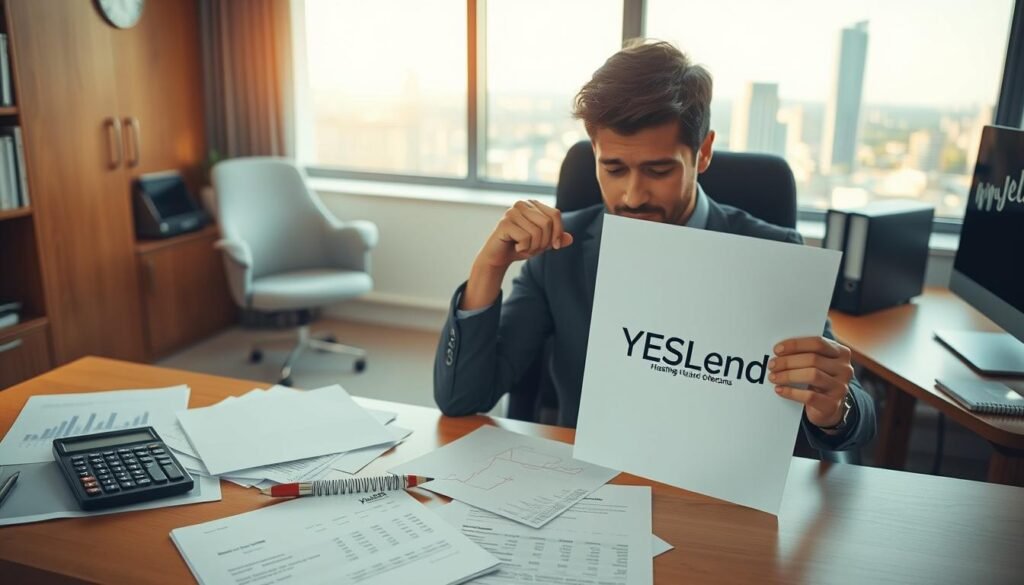 A serene office setting, with a desk, chair, and computer. The foreground features a person sitting at the desk, deep in thought, holding a sheet of paper with the YESLend logo. The middle ground showcases various financial documents and a calculator, hinting at the process of considering loan options. The background depicts a warm, inviting atmosphere, with a window overlooking a cityscape, symbolizing the potential for growth and fulfillment. Soft, natural lighting bathes the scene, creating a contemplative and hopeful mood. The overall composition conveys the idea of using financial resources to realize one's dreams.