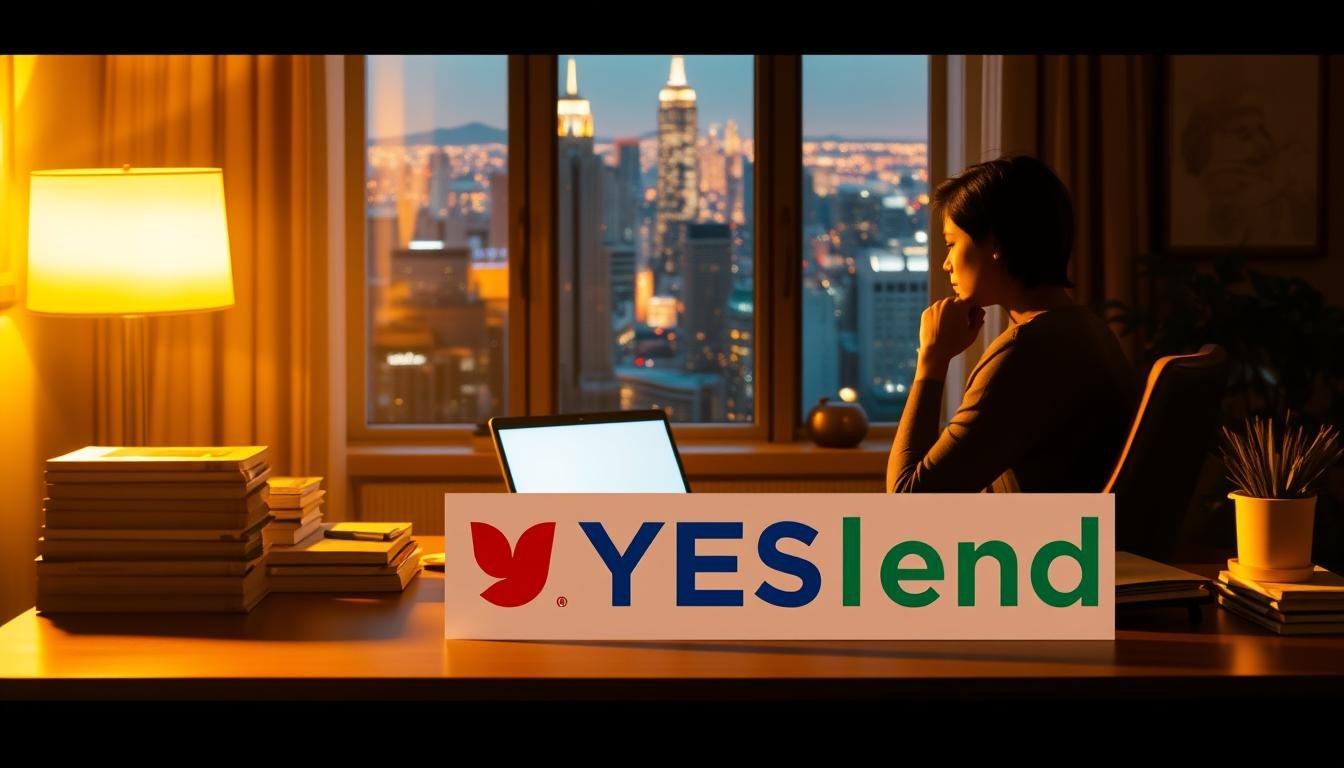 A serene, softly illuminated scene depicts a person sitting at a desk, lost in thought as they contemplate their dreams and aspirations. The warm, golden lighting casts a gentle glow, creating an atmosphere of introspection and possibility. In the foreground, a YESLend logo stands as a symbol of financial empowerment, suggesting how access to funds can help turn these dreams into reality. The middle ground features a stack of books, a laptop, and other objects that suggest the pursuit of knowledge and the tools needed to achieve one's goals. In the background, a window offers a glimpse of a vibrant, bustling city skyline, hinting at the vast opportunities that await beyond the confines of the desk. The overall composition conveys a sense of hope, determination, and the transformative power of leveraging resources to realize one's ambitions.