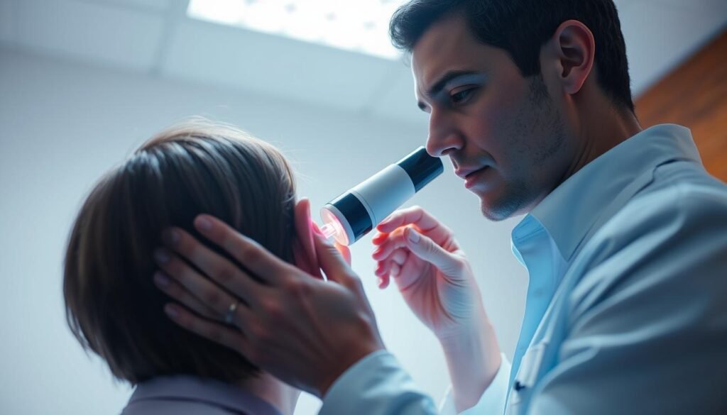 A serene, well-lit medical examination room with a doctor closely examining a patient's ear using a specialized instrument. The patient's head is tilted slightly, exposing the inner ear canal. Soft, diffused lighting from above casts a warm glow, creating an atmosphere of attentive care. The doctor's expression is one of focused concentration, as they carefully observe the delicate structures within the ear. The background is clean and uncluttered, allowing the viewer to focus on the medical procedure at hand. The scene conveys a sense of professionalism and expertise in the diagnosis and treatment of inner ear imbalances.