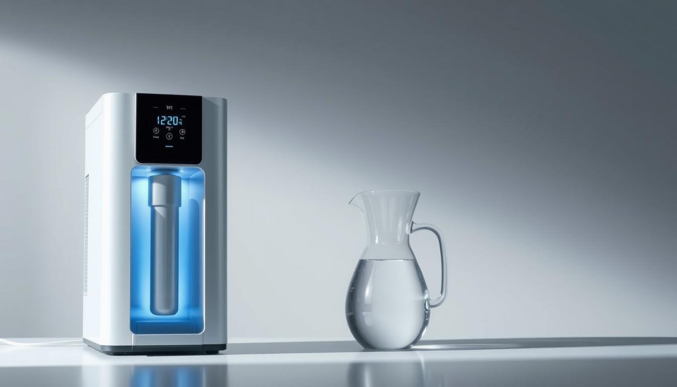 A sleek, modern water purifier system against a clean, minimalist background. The device is positioned in the foreground, showcasing its streamlined design and intuitive control panel. Subtle backlighting highlights the water filtration process, creating a sense of functionality and efficiency. In the middle ground, a transparent glass carafe captures the clarity of the filtered water, emphasizing the system's performance. The background is a serene, muted palette, allowing the purifier to take center stage and convey a sense of high-quality craftsmanship and reliable water treatment. Crisp, directional lighting from the side casts subtle shadows, lending depth and dimensionality to the scene.