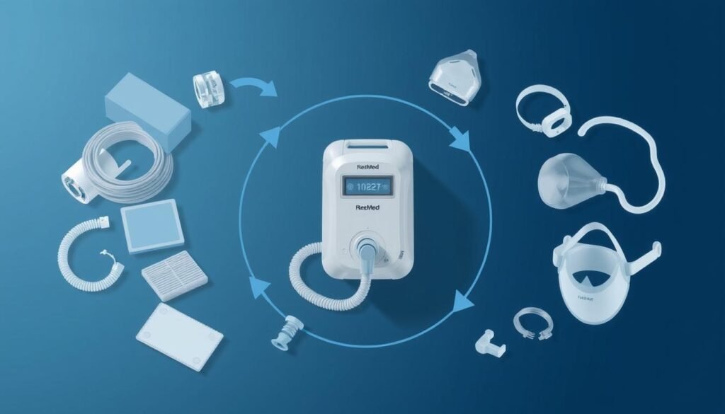 A stylized illustration depicting the cyclical rhythm of replacing components in a ResMed sleep apnea machine. A central iCareCPAP device is surrounded by a circular arrangement of replacement parts such as tubing, filters, and masks. The image has a technical, mechanical aesthetic with clean lines, soft gradients, and a muted color palette of blues, grays, and whites. The lighting is soft and diffused, creating a sense of order and precision. The composition emphasizes the interconnectedness and routine nature of the component replacement process.
