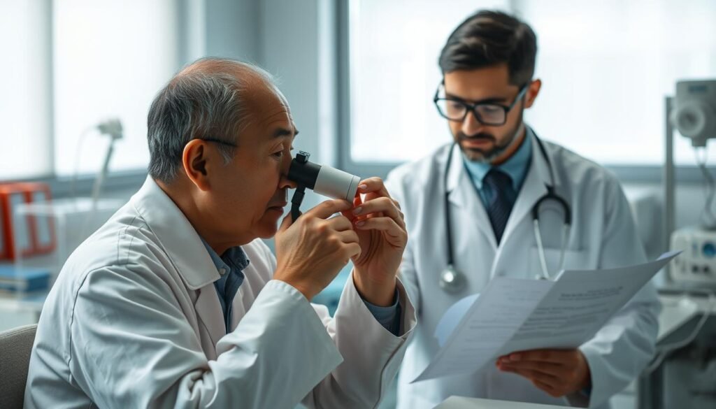 A tranquil clinical setting, with a traditional Chinese medicine practitioner examining a patient's ear using an otoscope, while a Western-trained physician observes and consults medical charts. The scene depicts the harmonious integration of Eastern and Western medical approaches, capturing the essence of holistic treatment for ear-related conditions. Soft, diffused lighting illuminates the scene, conveying a sense of calmness and professionalism. The composition balances the foreground figures with the medical equipment and supplies in the midground, all set against a subtly blurred background that suggests a modern, well-equipped healthcare facility.