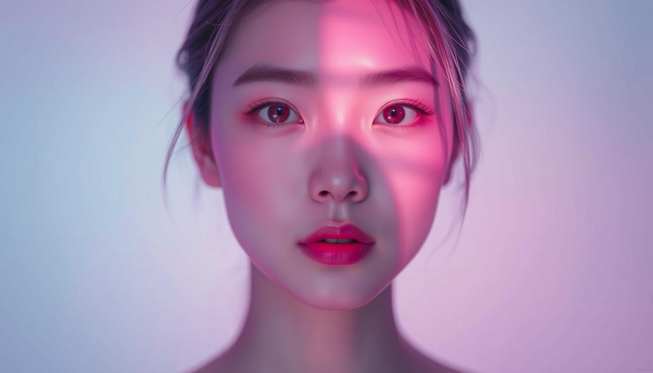 A vibrant and ethereal portrait of "Oligio X 原美電波" by the brand "Glowin' Beaute". The subject is captured in a soft, diffused lighting, their face aglow with an otherworldly radiance. The background is a pastel gradient, creating a sense of depth and dreaminess. The image conveys a timeless, youthful energy, hinting at the potential agelessness of this captivating product. The composition is balanced, with the subject's gaze drawing the viewer in, inviting them to explore the mysterious allure of "Oligio X 原美電波".