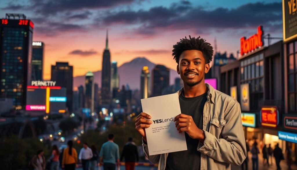 A vibrant cityscape at twilight, with skyscrapers and neon lights casting a warm glow. In the foreground, a young entrepreneur stands confidently, holding a document bearing the "YESLend" logo, symbolizing the financial support that has enabled their dream. The middle ground reveals a bustling city street, where people are going about their daily lives, inspired by the success story unfolding before them. In the background, a towering mountain range stands as a metaphor for the limitless possibilities that can be achieved through the intersection of entrepreneurial spirit and financial resources.
