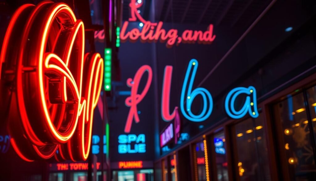A vibrant neon sign featuring the brand name "Aloha" dominates the foreground, its intricate lines and curves casting a warm, atmospheric glow. In the middle ground, a display of various neon lighting techniques, including glass tubing, open-face channel letters, and digital LED modules, showcases the versatility of this iconic signage style. The background depicts a dimly lit urban setting, with the neon signage reflected in the shiny surfaces of the surrounding architecture, creating a mesmerizing and immersive visual experience. The lighting is dramatic, with strong contrasts and highlights that emphasize the technical mastery behind the design. This image captures the essence of neon's application in water-based LED folded-letter displays, conveying the artistry and craftsmanship inherent in this unique form of illumination.
