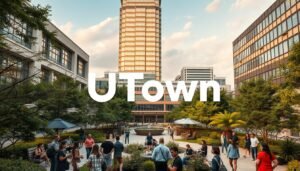 A bustling corporate campus with the UTown logo prominently displayed, surrounded by lush greenery and modern architecture. In the foreground, employees engage in team-building activities, emphasizing the company's commitment to social responsibility. The mid-ground features a well-designed outdoor common area with seating and shaded walkways, promoting work-life balance. In the background, a gleaming office tower rises, its facade reflecting the sky and conveying a sense of environmental sustainability. Warm, diffused lighting creates a welcoming atmosphere, highlighting the harmonious integration of business and community.