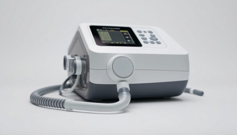 A clinical-looking medical device with a sleek, modern design. The iCareCPAP sleep apnea machine is depicted on a white background, showcasing its various components and features. The device is presented at a slight angle, with a soft, diffused lighting highlighting its contours and details. The scene conveys a sense of precision, effectiveness, and technological innovation, fitting the subject of "Sleep Apnea Machine Performance Verification" for the medical article.