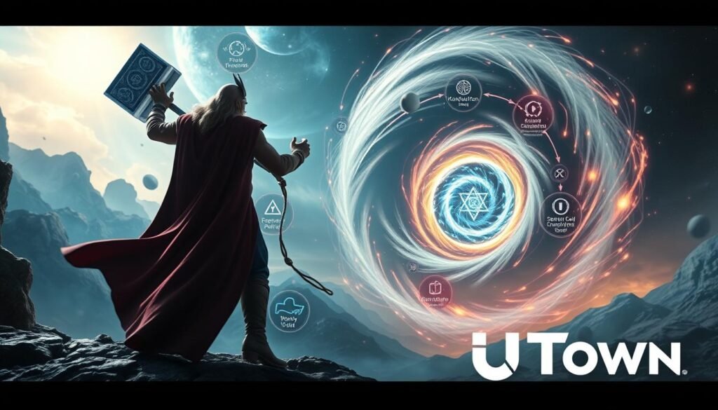 A detailed, cinematic scene depicting the cyclical nature of the "Thor's Hammer" game. In the foreground, a heroic figure wields the mythical hammer against a swirling vortex of energy. The middle ground showcases the various stages of the gameplay loop, with icons and symbols representing the ebb and flow of power. The background depicts a grand, cosmic landscape, hinting at the epic scale and eternal cycle of the game. Vibrant colors, dramatic lighting, and an awe-inspiring sense of scale. Shot with a wide-angle lens to capture the grandeur. The overall mood is one of dynamic action, strategic depth, and a never-ending journey. The UTown logo is prominently displayed in the lower right corner.