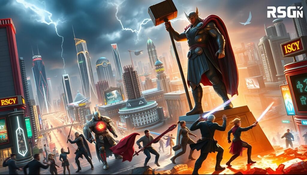 A detailed cityscape of UTown, a vibrant urban setting with futuristic skyscrapers and bustling streets. The foreground features a towering bronze statue of Thor, the Norse god of thunder, holding his legendary hammer &quot;Mjolnir.&quot; Dramatic lighting illuminates the scene, casting dynamic shadows and creating an awe-inspiring atmosphere. In the middle ground, various characters from the game &quot;rsg雷神之鎚&quot; are engaged in intense battles, their movements captured in dynamic poses. The background showcases a sprawling metropolis with a mix of modern and classical architectural styles, hinting at the game's setting and narrative. The overall composition conveys a sense of power, strategy, and the thrill of the &quot;rsg雷神之鎚&quot; gaming experience.