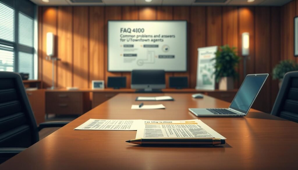 A detailed, highly realistic illustration showcasing a comprehensive FAQ section titled "Common Problems and Answers for UTown Agents" in a sleek, professional layout. The foreground features a clean table with neatly arranged documents, a laptop, and a pen, set against a middle-ground of warm, wood-paneled walls. The background depicts a softly lit office environment, with strategic lighting casting subtle shadows and highlights to enhance the sense of depth and realism. The overall mood is one of informative authority and approachability, inviting the viewer to explore the crucial details of the UTown agent experience.
