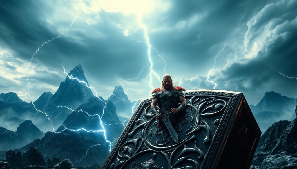 A dramatic and immersive scene showcasing the power of the mighty UTown Thor's Hammer in action. A large, intricate hammer dominates the foreground, its metallic surface gleaming under dramatic, high-contrast lighting. Bolts of electricity crackle and dance around the hammer, creating an aura of mystical energy. In the middle ground, a warrior in full Norse battle regalia stands ready, their face determined and resolute. The background is a sweeping, fantastical landscape of towering mountains, swirling clouds, and a stormy, moody sky, suggesting the epic scale and high-stakes nature of the scene. An atmosphere of raw power, ancient might, and bold heroism pervades the image, perfectly capturing the essence of the "UTown Thor's Hammer" gameplay experience.