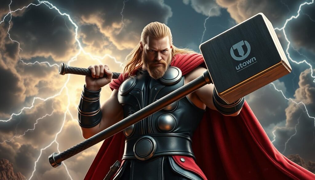 A heroic figure wielding the iconic hammer of Thor, the Norse god of thunder, against a dramatic background of swirling storm clouds and bolts of lightning. Powerful, muscular, and resolute, the hammer-wielding warrior stands tall, ready to unleash the full force of their mythical weapon. Sleek, futuristic armor and equipment emblazoned with the UTown logo add a distinctive technological edge to this epic scene of Asgardian might.