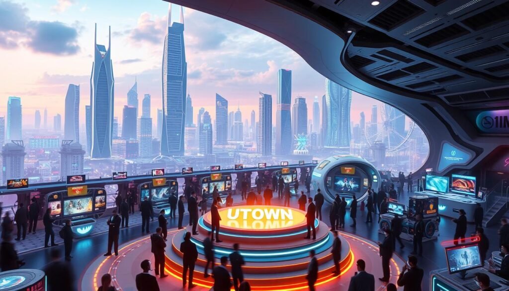 A technologically-advanced, futuristic online entertainment hub called UTown, with sleek, holographic interfaces, neon-lit gaming stations, and seamless cloud-based services. The foreground features a central podium with a glowing UTown logo, surrounded by a bustling, interactive crowd of avatars. The middle ground showcases a variety of virtual reality gaming rigs and immersive entertainment pods. The background depicts a cityscape of towering, futuristic skyscrapers, with a vibrant, neon-tinged skyline. The scene conveys a sense of innovation, excitement, and the boundless potential of the evolving online entertainment landscape.