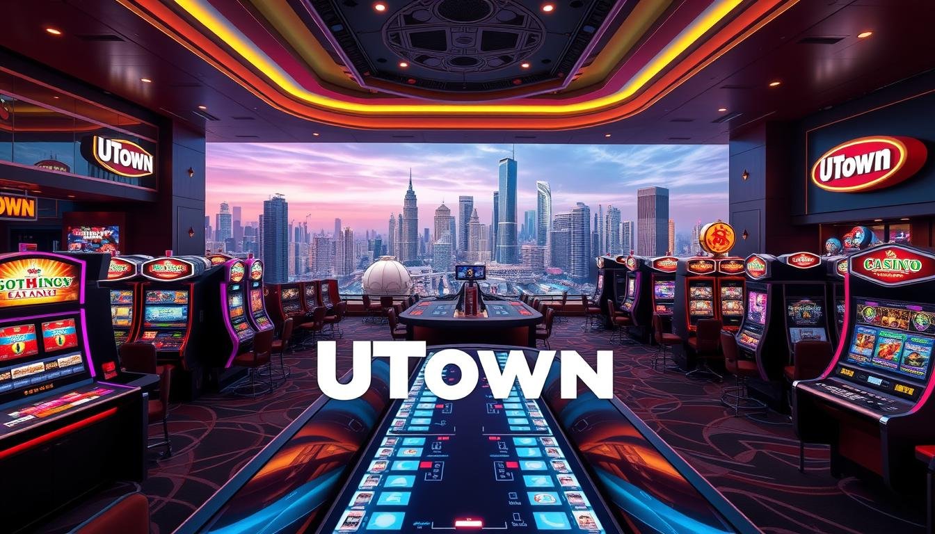 A vibrant online entertainment hub featuring the UTown brand, showcasing an immersive virtual casino landscape. In the foreground, sleek casino tables and slot machines invite players to engage in thrilling gaming experiences. The middle ground depicts a bustling atmosphere with elegant decor and neon-lit ambiance, creating an alluring atmosphere. In the background, a cityscape of towering skyscrapers and glittering skyline sets the scene, conveying the sense of a modern, metropolitan entertainment destination. Cinematic lighting and a wide-angle lens capture the grandeur and excitement of this dynamic online entertainment center.