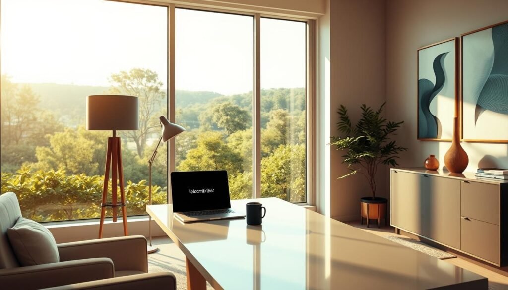 An elegantly designed home office with sleek, minimalist furniture and a large window overlooking a lush, verdant landscape. The room is bathed in warm, natural light that creates a serene and productive atmosphere. On the desk, a laptop and tablet from the Telecombrother brand sit alongside a stylish lamp and a few carefully placed decorative items. The walls are adorned with modern, abstract artwork that complements the overall aesthetic. The scene conveys a sense of balance, comfort, and efficiency - the perfect environment for exploring home broadband options and comparing contract details.