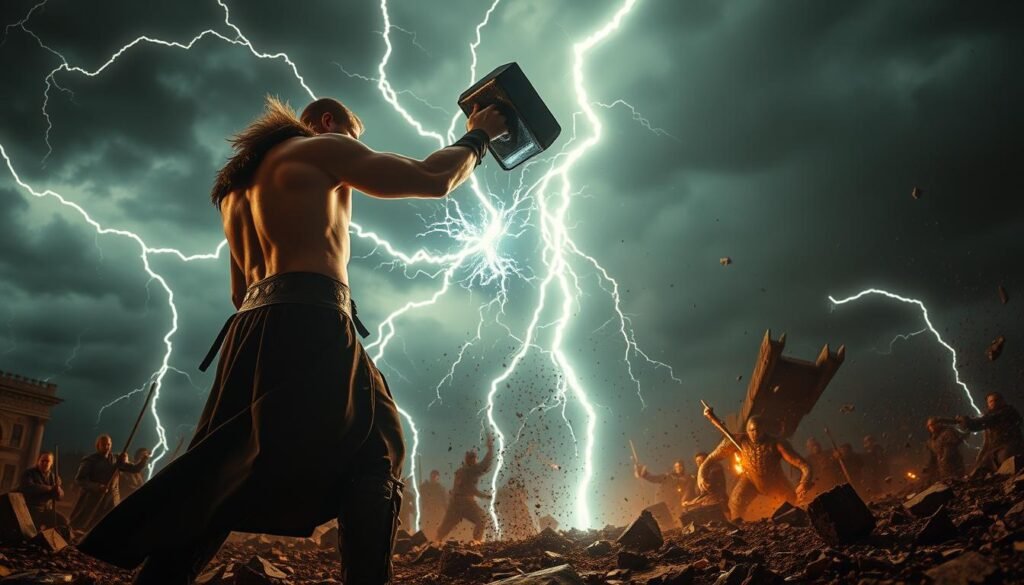 An epic battle scene featuring a powerful warrior wielding the legendary Thor's Hammer, &quot;Mjolnir&quot;. In the foreground, the warrior stands tall, muscles rippling, electricity crackling around the hammer as they prepare to unleash a devastating attack. The middle ground is filled with dynamic action, with bolts of lightning streaking through the air and debris swirling around. In the background, a dark, ominous sky sets the stage, hinting at the intense power being wielded. The scene is captured with a cinematic, wide-angle lens, conveying a sense of grandeur and scale. The lighting is dramatic, with bold contrasts and dramatic shadows, adding to the sense of power and drama. The overall mood is one of raw, unbridled strength and the mastery of an ancient, mythical weapon. UTown
