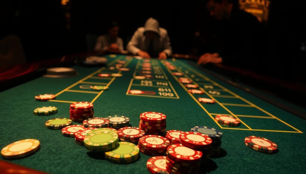 A dimly lit casino table, the green felt surface contrasting with the rich wood grain of the table edges. On the table, various casino chips in a spectrum of colors are arranged in intricate patterns, representing different betting strategies. The lighting casts dramatic shadows, creating a sense of tension and anticipation. In the background, blurred figures of players lean over the table, their faces obscured, focused intently on the game unfolding before them. The scene conveys the atmosphere of a high-stakes game of Baccarat, where the players' choices and techniques can lead to both triumph and downfall.