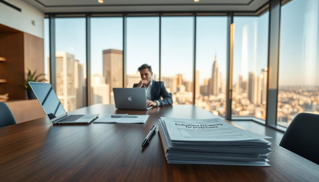 A sleek, modern office setting with a large, wooden desk in the foreground. On the desk, a laptop, a pen, and a stack of documents labeled "民間貸款還款能力評估". In the middle ground, a well-dressed professional sitting at the desk, deep in thought, contemplating the documents. The background features floor-to-ceiling windows overlooking a bustling city skyline, bathed in warm, golden afternoon light. The atmosphere conveys a sense of focus, diligence, and the importance of financial decision-making.