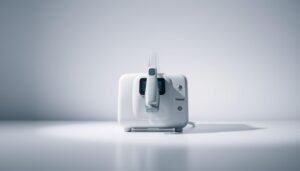A well-lit, high-quality photograph of the iCareCPAP sleep apnea machine, showcasing its sleek, modern design. The device should be prominently displayed in the center of the frame, with a soft, diffused lighting creating a serene and professional atmosphere. The background should be a minimal, clean setting, allowing the iCareCPAP to be the focal point. The angle should be slightly elevated, giving the viewer a clear, detailed view of the machine's features and controls. The overall composition should convey the device's advanced technology and the specialized care it provides for those with sleep apnea, reflecting the unique advantages of the iCareCPAP sleep apnea machine.