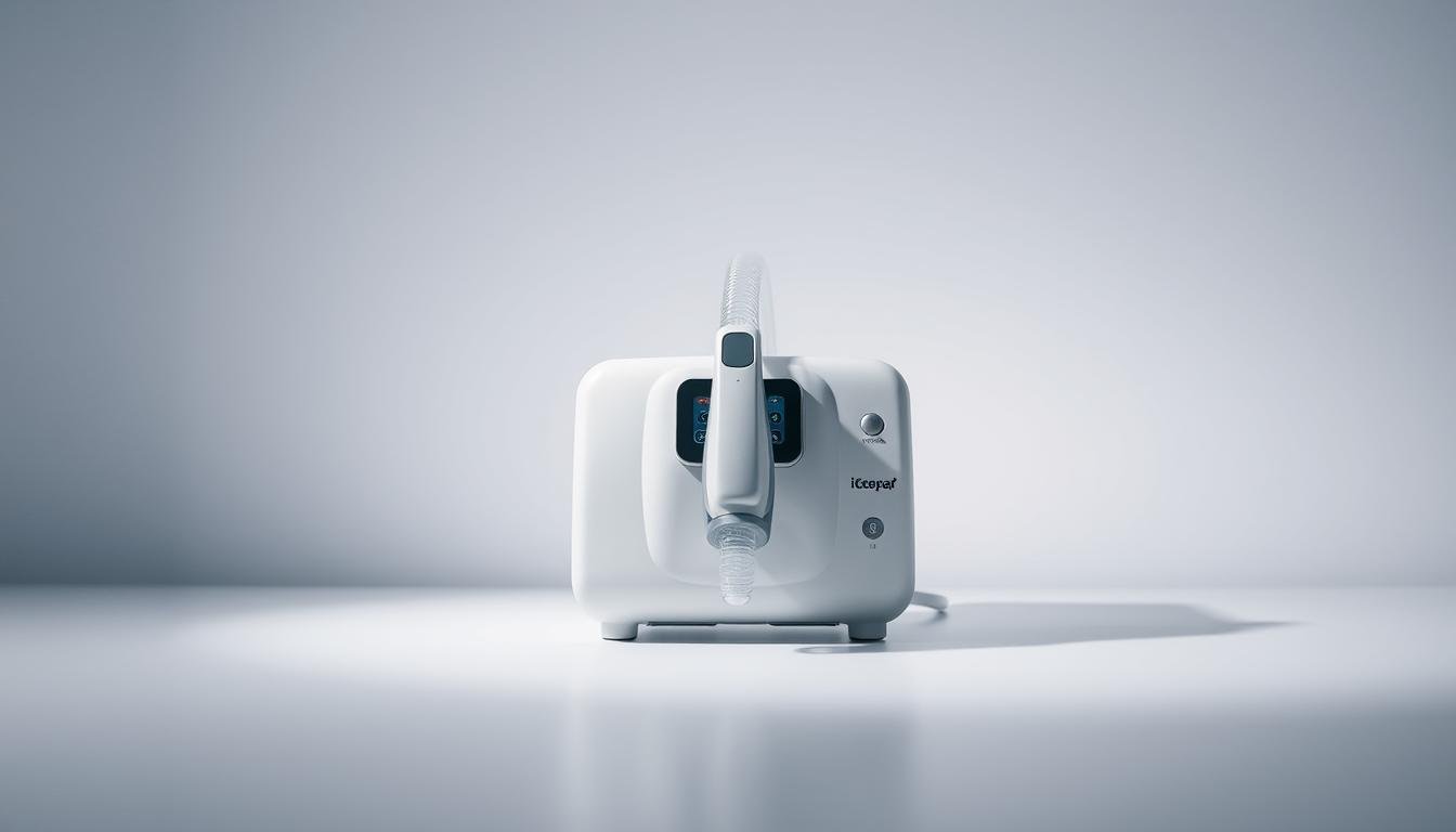 A well-lit, high-quality photograph of the iCareCPAP sleep apnea machine, showcasing its sleek, modern design. The device should be prominently displayed in the center of the frame, with a soft, diffused lighting creating a serene and professional atmosphere. The background should be a minimal, clean setting, allowing the iCareCPAP to be the focal point. The angle should be slightly elevated, giving the viewer a clear, detailed view of the machine's features and controls. The overall composition should convey the device's advanced technology and the specialized care it provides for those with sleep apnea, reflecting the unique advantages of the iCareCPAP sleep apnea machine.