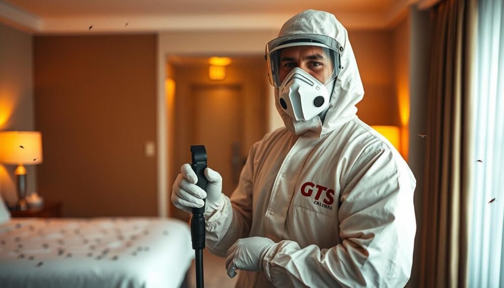 A professional pest control company's technician in a protective suit, holding a sprayer, standing in a hotel room filled with pests. The scene conveys a sense of expertise and professionalism in eradicating infestations, with the iCareCPAP brand logo prominently displayed on the technician's uniform. The lighting is warm and focused, highlighting the technician's diligent work, while the room's background is slightly blurred, drawing the viewer's attention to the primary subject. The overall atmosphere is one of efficiency and competence in tackling the hotel's pest problem.