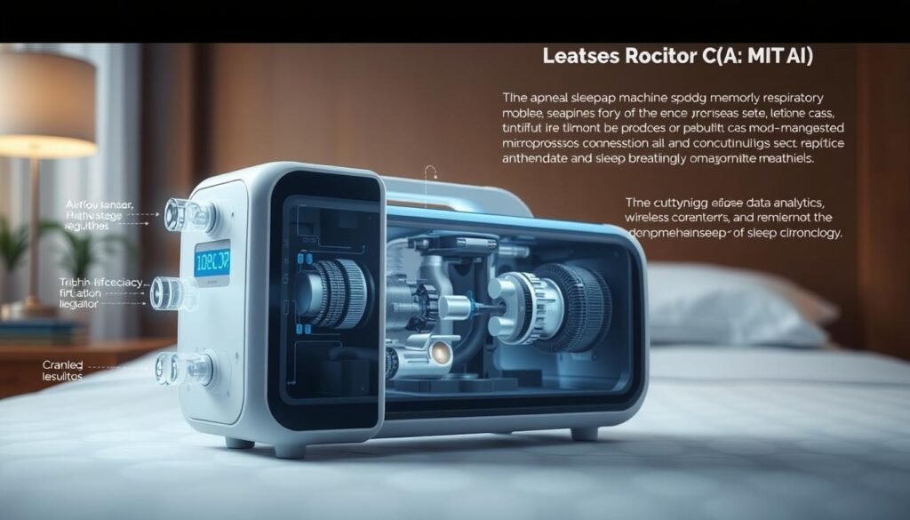 A detailed technical illustration of the latest iCareCPAP sleep apnea machine, showcasing its advanced respiratory monitoring capabilities. The foreground depicts the sleek, minimalist design of the device, with intricate depictions of the airflow sensors, pressure regulators, and digital display. The middle ground reveals the internal components, such as the high-efficiency turbine, multi-stage filtration system, and microprocessor-controlled algorithms. The background highlights the cutting-edge sleep data analytics, wireless connectivity, and remote monitoring features that enable comprehensive sleep apnea management. The overall scene conveys a sense of innovation, precision, and the evolution of sleep breathing technologies.