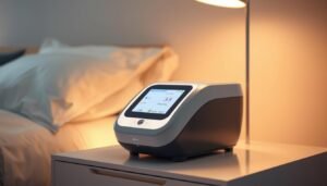 A sleek, modern medical device with a streamlined, ergonomic design. The iCareCPAP sleep apnea machine sits atop a bedside table, its clean lines and soft, LED-illuminated interface exuding a sense of advanced technology and personalized comfort. The device is surrounded by a minimalist, well-lit environment, with warm lighting casting a gentle glow. The overall scene conveys a sense of relaxation, wellness, and the seamless integration of cutting-edge healthcare technology into the home environment.