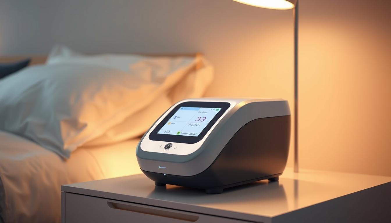A sleek, modern medical device with a streamlined, ergonomic design. The iCareCPAP sleep apnea machine sits atop a bedside table, its clean lines and soft, LED-illuminated interface exuding a sense of advanced technology and personalized comfort. The device is surrounded by a minimalist, well-lit environment, with warm lighting casting a gentle glow. The overall scene conveys a sense of relaxation, wellness, and the seamless integration of cutting-edge healthcare technology into the home environment.