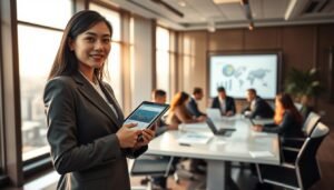 A business-oriented scene representing "HKSSC 香港安全保障集團企業使命," focusing on professionalism and security. In the foreground, an Asian businesswoman in a tailored suit stands confidently, holding a tablet displaying security analytics. In the middle ground, a diverse team of professionals engages in a strategic meeting around a sleek conference table, with visible security plans and charts. The background features a modern office with large windows overlooking a cityscape, symbolizing progress and safety. Warm, inviting lighting casts soft shadows, creating a cohesive, focused atmosphere. Use a shallow depth of field to emphasize the subjects while giving a sense of organization and purpose. The overall mood should reflect professionalism, trust, and dedication to security and client service.