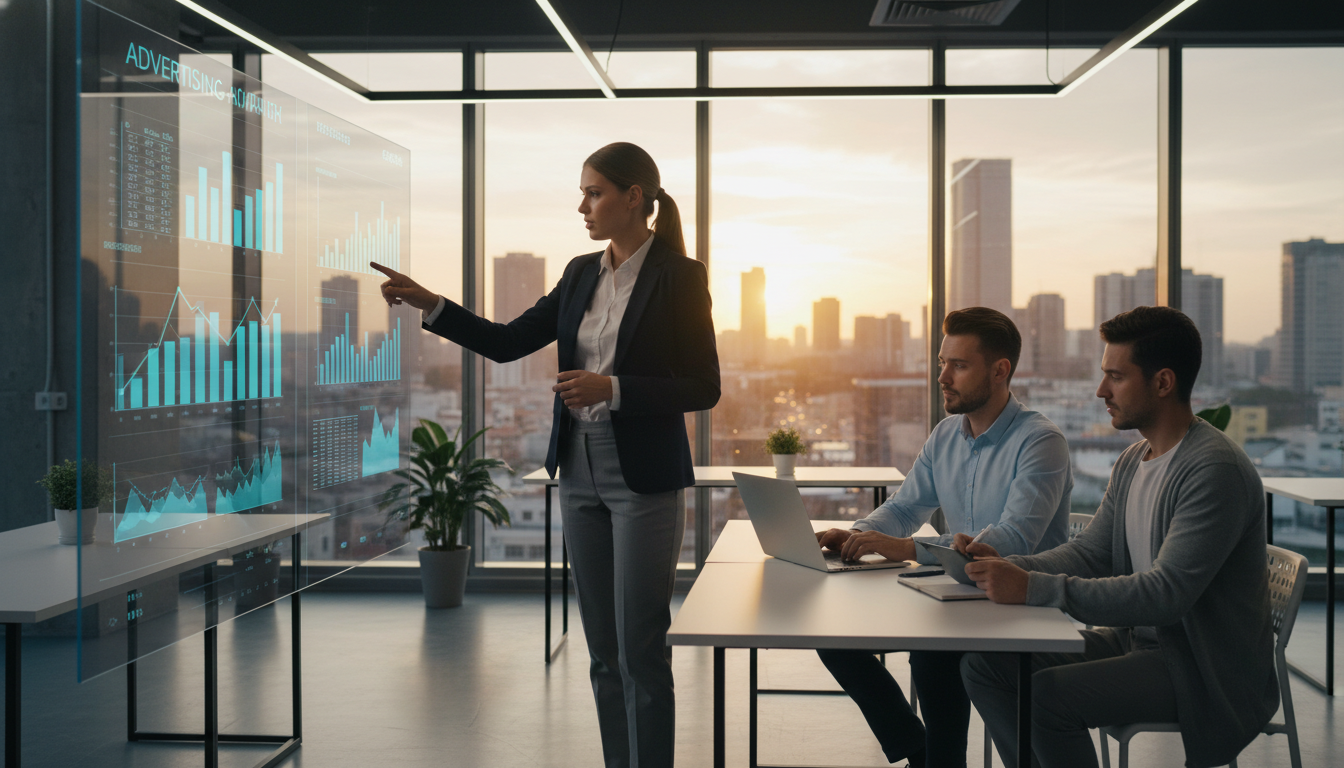 A modern office environment showcases a group of diverse professionals engaged in a strategic advertising meeting. In the foreground, a confident female leader points at a digital screen displaying various advertising analytics and growth charts. The middle ground features a male colleague analyzing data on a laptop while another team member takes notes on a tablet, all dressed in smart business attire. In the background, large windows let in warm, natural light, highlighting a vibrant city skyline. The atmosphere is focused and collaborative, with the soft glow of office lights creating an energetic yet professional mood. The image should emphasize teamwork and innovative thinking without any text or distractions.
