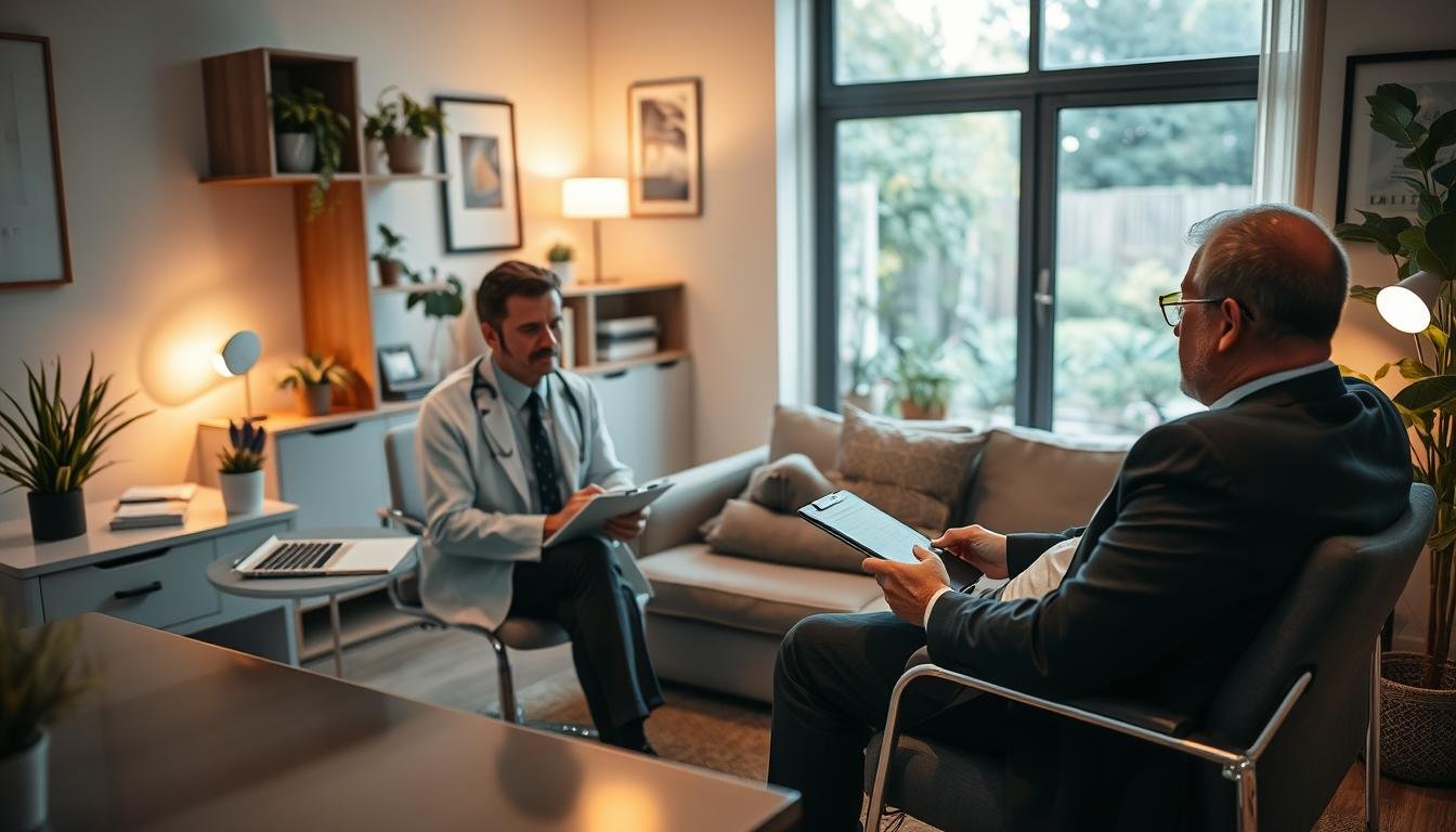 A professional psychiatrist conducting a sleep assessment in a calm, modern office setting. In the foreground, a psychiatrist, dressed in smart business attire, sits at a sleek desk with a clipboard and a digital tablet, intently observing a patient reclining comfortably on a couch, both appear focused and engaged. In the middle, the room is softly lit with warm, ambient light, highlighting cozy decor such as plants, bookshelves, and calming artwork. In the background, a large window offers a view of a serene garden, enhancing the tranquil atmosphere. The overall mood conveys professionalism, empathy, and a focus on mental health, with an emphasis on the importance of sleep in psychiatric evaluation.