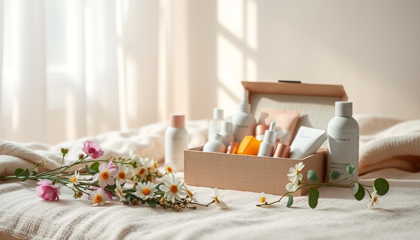 A serene and inviting setting featuring a tasteful, elegantly arranged collection of various intimate wellness products on a soft, textured surface. In the foreground, display a beautifully crafted box containing these items, symbolizing care and communication, surrounded by delicate flowers and greenery to evoke a sense of warmth and comfort. In the middle, a softly lit ambiance enhances the scene, with gentle, natural light streaming in from a nearby window, creating subtle shadows and highlights. Soft pastel colors dominate the background, suggesting a peaceful environment that encourages open dialogue and mutual respect. The overall mood is one of tranquility, emphasizing the importance and value of these items in fostering consent, communication, and boundaries in relationships.