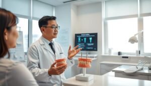 A professional dental clinic in Hong Kong, showcasing a dentist in a white coat and a patient consulting about dental implants. The dentist, a middle-aged Asian man, gestures towards an anatomical model of teeth as he explains potential complications and risk management strategies. The clinic is bright and modern, with dental tools neatly organized on a counter in the background. Soft, natural light floods the room through large windows, creating a calm and inviting atmosphere. A dental chart and a digital screen displaying information about implant safety are visible. The image is captured at an eye-level angle, emphasizing professionalism and trust in dental care, focusing on the consultation process in the context of dental implants.