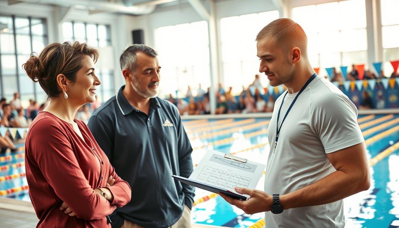 A scene depicting a parent and a swimming coach engaged in a constructive conversation at a swimming event. In the foreground, the parent, dressed in smart casual attire, is attentively listening, exhibiting a supportive expression. The swimming coach, clad in professional athletic wear, is demonstrating a swimming technique using a diagram on a clipboard. The middle ground shows a pool with vibrant blue water, adorned with colorful lane markers and cheering spectators in the background, creating an energetic atmosphere. Soft sunlight filters through large windows, casting a warm glow on the scene. The focal point captures their collaboration, emphasizing the partnership in developing swimming skills, while the overall mood reflects encouragement and teamwork.