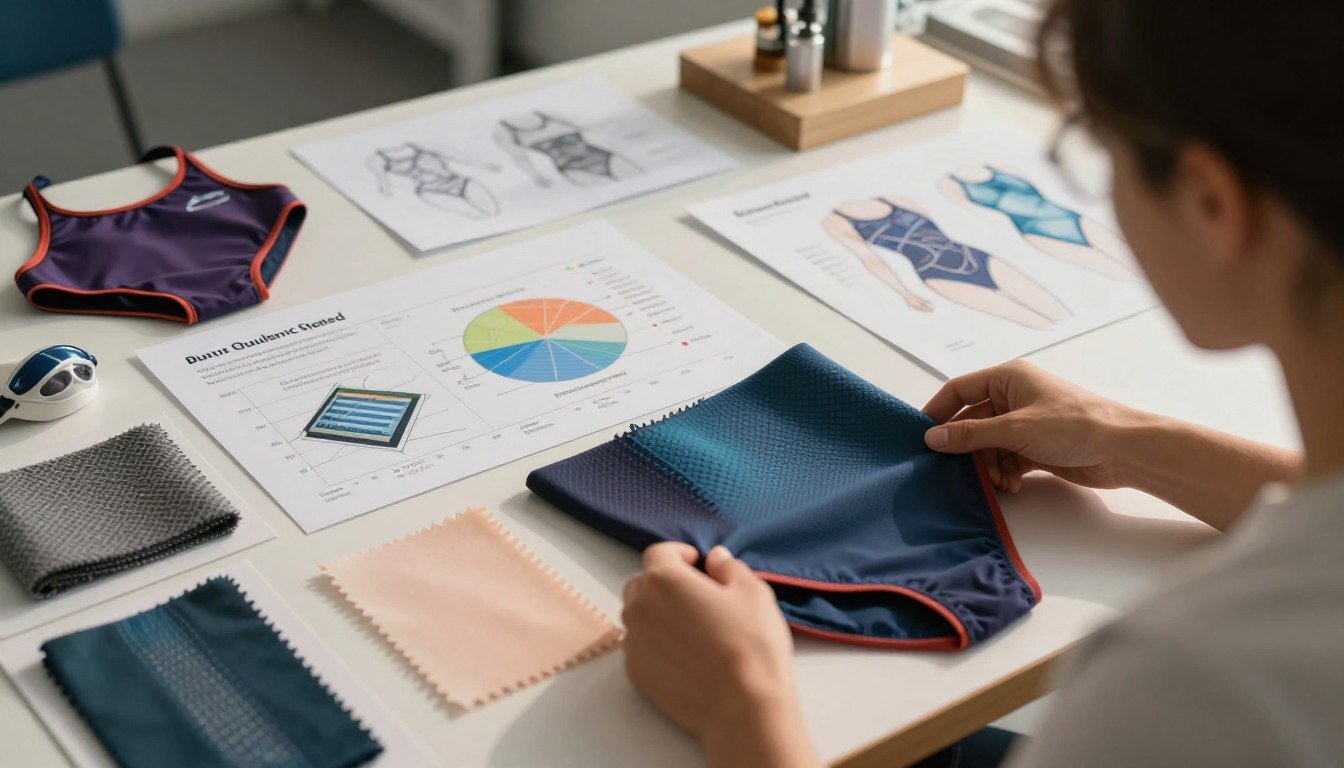 A dynamic and informative scene illustrating the performance standards and material choices for athletic swimwear. In the foreground, a professional designer examines a variety of high-tech swimwear fabrics, highlighting their unique textures and colors. The middle ground features detailed diagrams and charts showcasing performance metrics like buoyancy, drag reduction, and material elasticity. The background includes a well-organized workspace with sketches and prototypes of swimwear designs. Soft, warm lighting creates a cinematic ambiance, enhancing the focus on the innovative materials. The composition should evoke a sense of professionalism and creativity, captured from a slightly elevated angle to provide an overview of the subject matter. 4:3 aspect ratio for optimal clarity and detail.