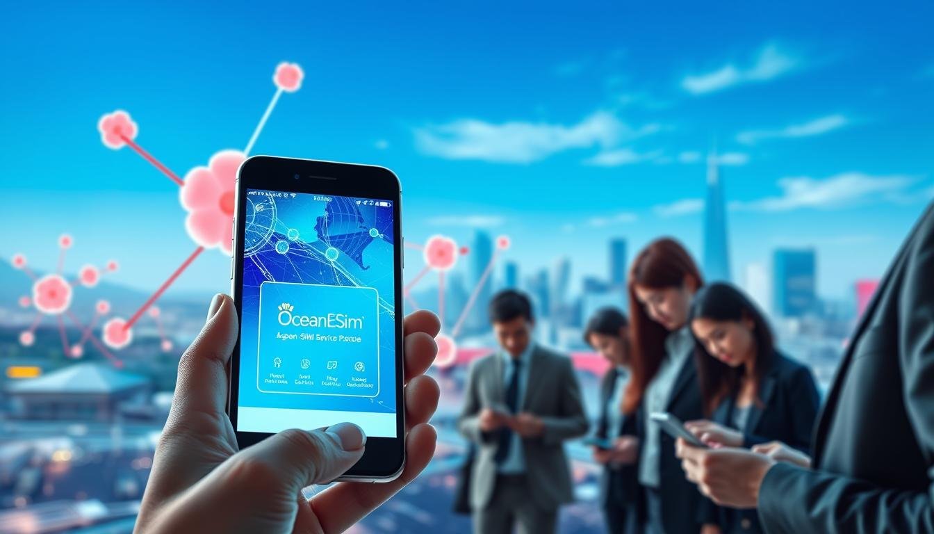 A high-tech digital landscape depicting the Japanese eSIM service landscape, featuring a sleek smartphone with a glowing screen showcasing the OceanEsim interface. In the foreground, a diverse group of professional individuals in business attire focus on their devices, highlighting collaboration and connectivity. The middle ground shows an abstract representation of network connections and data flow with visual elements symbolizing speed and efficiency. The background includes iconic Japanese elements, such as stylized cherry blossoms and a futuristic city skyline under a clear blue sky. The scene is illuminated with soft, ambient lighting that creates a modern and inviting atmosphere, captured from a slightly elevated angle to emphasize the technology in use.