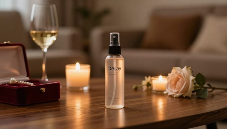 A sleek, elegant display of a delay spray product showcased on a polished wooden table, surrounded by romantic elements such as softly glowing candles and delicate flower arrangements. In the foreground, the spray bottle is centered, reflecting warm ambient light, highlighting its sophisticated design. To the left, a pair of tastefully arranged accessories hinting at a couple's evening, like a glass of wine and a small velvet box. The background features a softly blurred, cozy living room setting with warm tones, creating an intimate atmosphere. Use a cinematic lens angle to evoke a sense of romance, with soft focus on details, emphasizing the allure of choosing delay spray in a refined and tasteful manner.