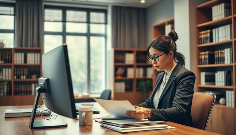 A professional business environment, showcasing an engaged company secretary at a desk in a modern office. In the foreground, the secretary is focused on managing documents, dressed in professional business attire, with a computer, folders, and a coffee mug in view. In the middle, a large window allows natural light to flood the room, highlighting the importance of clarity and transparency in corporate governance. The background features bookshelves filled with legal texts and corporate guidelines, symbolizing the knowledge necessary for the secretary’s role. The atmosphere is serious yet dynamic, emphasizing the vital functions of company secretaries in fostering effective communication and compliance. Soft, warm lighting creates an inviting yet professional mood, inviting focus on the significance of these services.