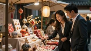 A serene, cozy setting featuring a beautifully arranged Asian market stall filled with culturally-inspired items, showcasing the unique blend of traditional and modern aesthetics. In the foreground, a couple, dressed in professional business attire, shares a warm moment, smiling as they explore the products. The middle-ground highlights elegant displays of various culturally significant items, like decorative ornaments and elegant textiles, hinting at the growing acceptance of intimate lifestyle products. The background features subtle Asian architectural elements, bathed in warm, inviting lighting that creates a romantic atmosphere. The composition has a cinematic vibe, emphasizing connection and curiosity, with a 4:3 aspect ratio.