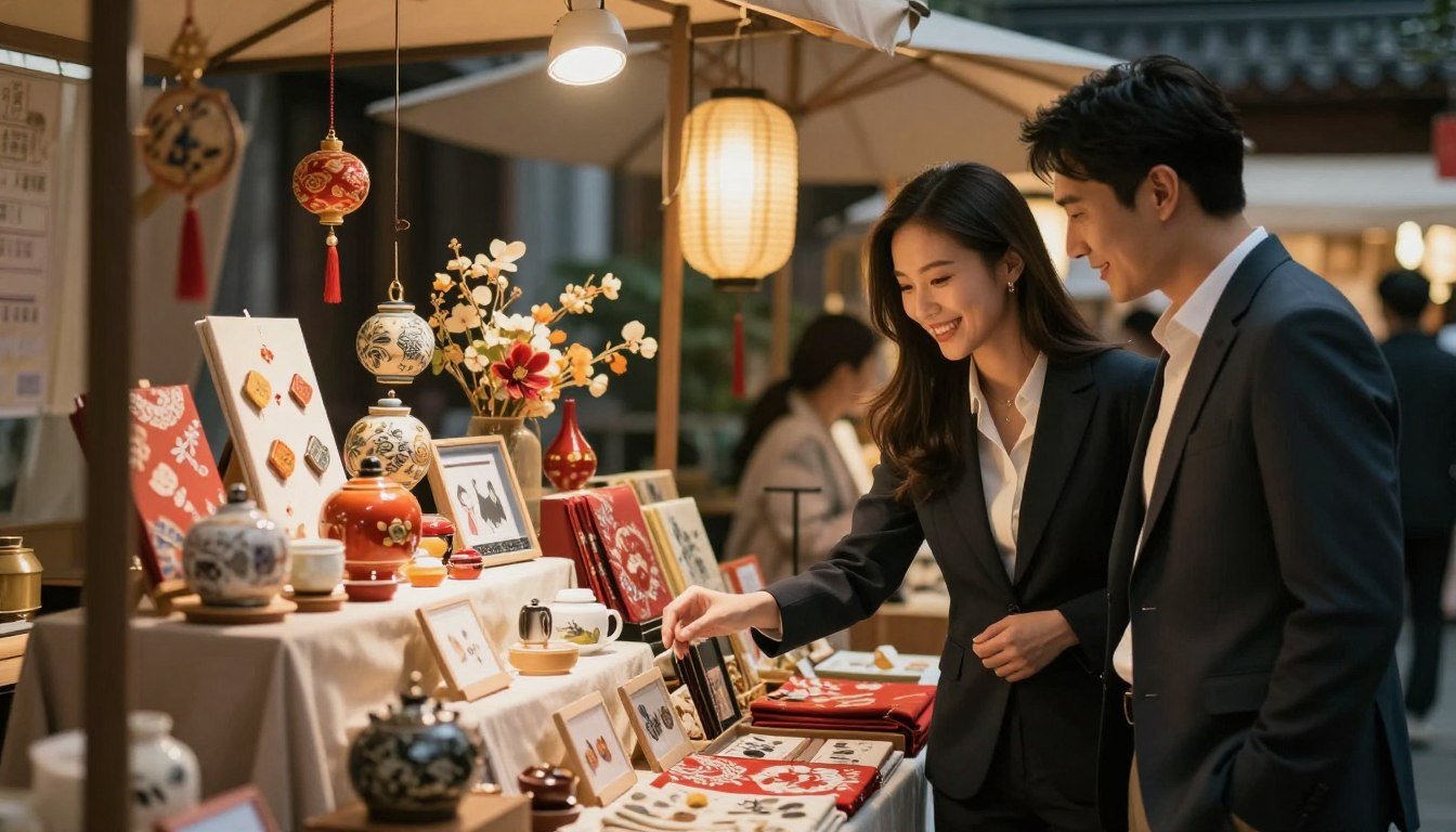 A serene, cozy setting featuring a beautifully arranged Asian market stall filled with culturally-inspired items, showcasing the unique blend of traditional and modern aesthetics. In the foreground, a couple, dressed in professional business attire, shares a warm moment, smiling as they explore the products. The middle-ground highlights elegant displays of various culturally significant items, like decorative ornaments and elegant textiles, hinting at the growing acceptance of intimate lifestyle products. The background features subtle Asian architectural elements, bathed in warm, inviting lighting that creates a romantic atmosphere. The composition has a cinematic vibe, emphasizing connection and curiosity, with a 4:3 aspect ratio.